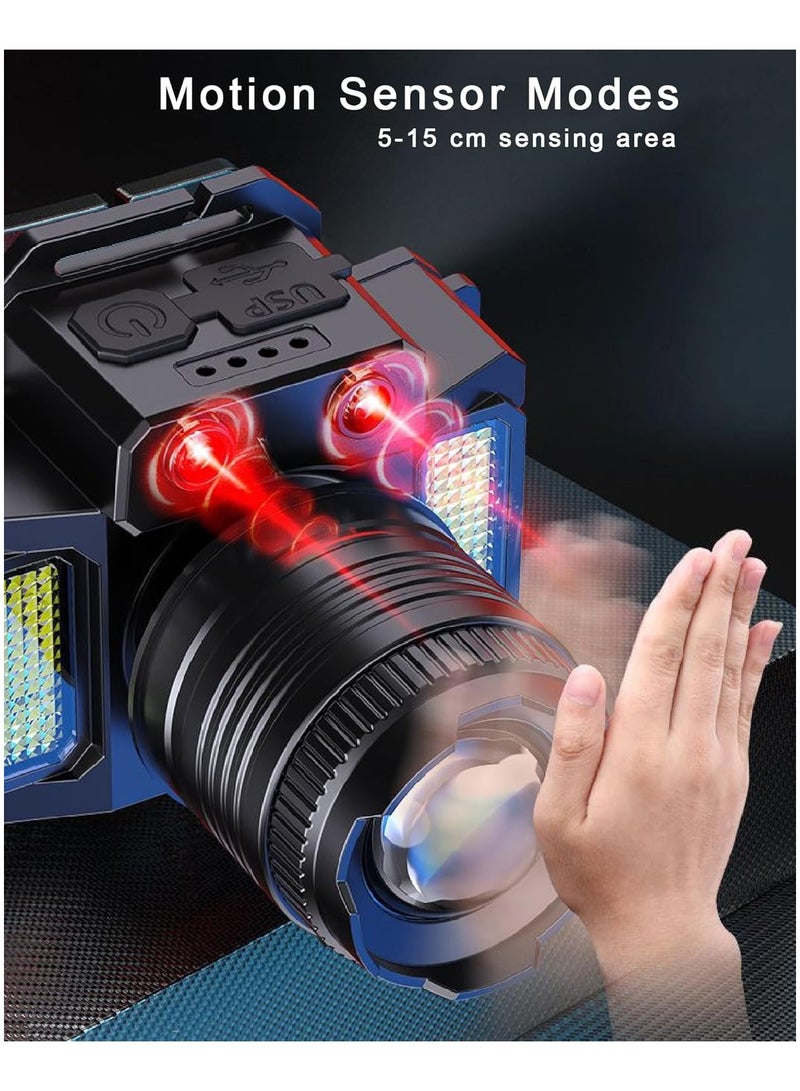 ارواق مصباح أمامي LED قابل لإعادة الشحن 450 لومن، 5 أوضاع إضاءة، زاوية تكبير 360 درجة قابلة للتعديل مع مستشعر حركة مصباح رأس للتخييم IPX4 مقاوم للماء لصيد الأسماك والجري والاستخدام الخارجي، عبوة من قطعتين - Image 2