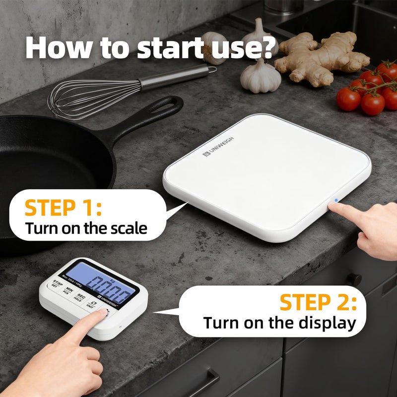 UNIWEIGH Digital Kitchen Food Scale 33lb-Detachable LCD Display,1g/0.1oz Precise Electronic Weight Scale for Baking, Tare/Hold/Timer Function, Glass Platform, Count Mode, Wall-Mount & Tilt Stand - Image 2