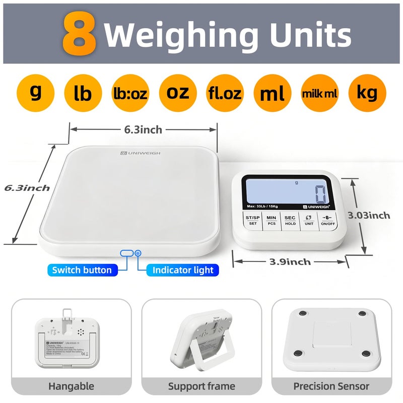 UNIWEIGH Digital Kitchen Food Scale 33lb-Detachable LCD Display,1g/0.1oz Precise Electronic Weight Scale for Baking, Tare/Hold/Timer Function, Glass Platform, Count Mode, Wall-Mount & Tilt Stand - Image 3