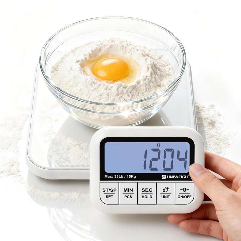 UNIWEIGH Digital Kitchen Food Scale 33lb-Detachable LCD Display,1g/0.1oz Precise Electronic Weight Scale for Baking, Tare/Hold/Timer Function, Glass Platform, Count Mode, Wall-Mount & Tilt Stand - Image 1