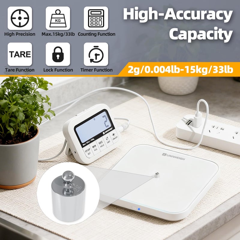 UNIWEIGH Digital Kitchen Food Scale 33lb-Detachable LCD Display,1g/0.1oz Precise Electronic Weight Scale for Baking, Tare/Hold/Timer Function, Glass Platform, Count Mode, Wall-Mount & Tilt Stand - Image 5
