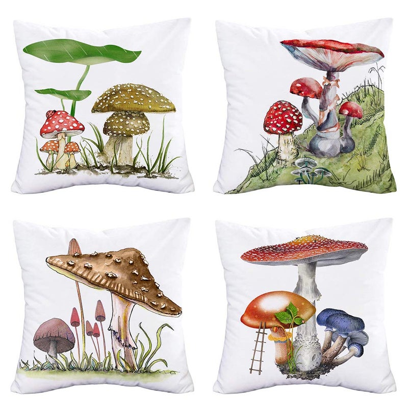 Easternproject Easternproject Throw Pillow Cases 4 Pack Mushroom Agaric Lotus Leaves Spring Home Decor Throw Pillow Cover Super Soft Square 18x18 Inch Plants Cushion Cover for Outdoor Sofa Couch 