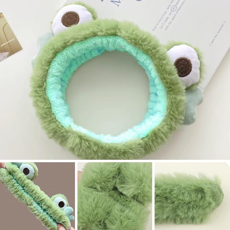 CORSULA طقم عصابة رأس ومعصم قورصولا 3 قطع - عصابة رأس مرنة بعين قور Frog، عصابة شعر مكياج لطيفة مع معصم للنساء والفتيات لغسل الوجه والعناية بالبشرة والاستحمام باللون الأخضر، عادي) - Image 4