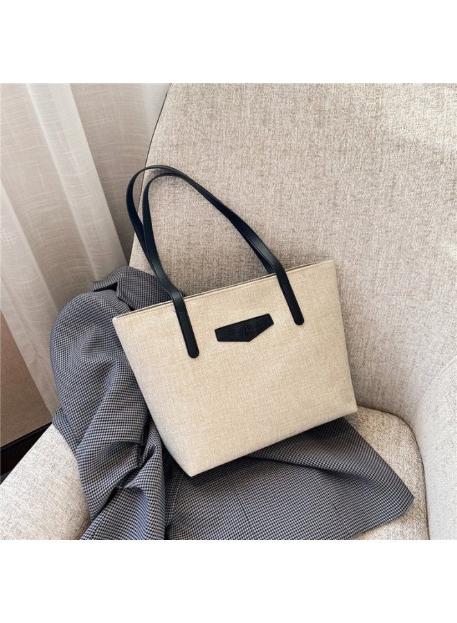 Texted Fashion Commuter Shoulder Bag Women's Bag 2024 Korean Style Cotton Linen Large Capacity Casual Portable Tote Bag-Color:Coffee - Image 2
