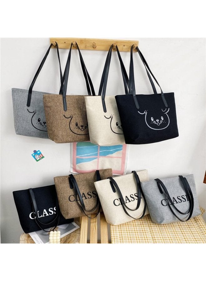 Texted Fashion Commuter Shoulder Bag Women's Bag 2024 Korean Style Cotton Linen Large Capacity Casual Portable Tote Bag-Color:Coffee - Image 5
