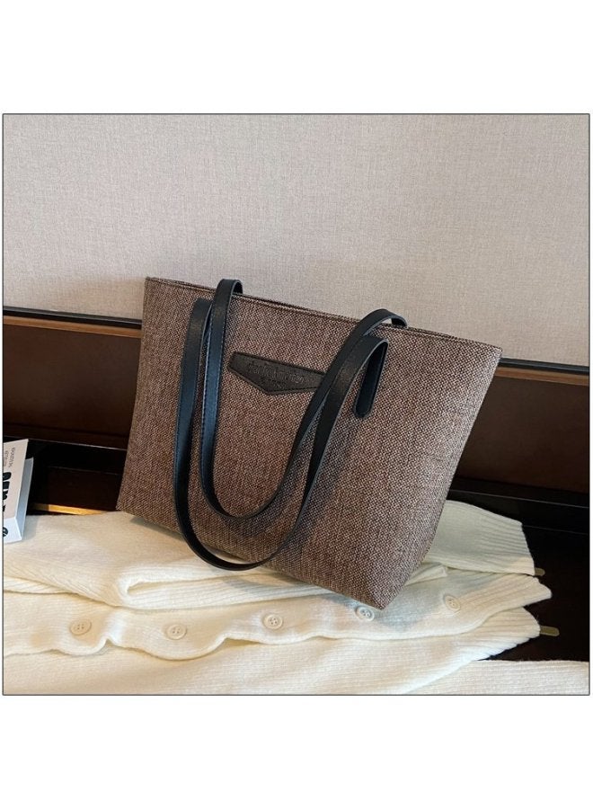 Texted Fashion Commuter Shoulder Bag Women's Bag 2024 Korean Style Cotton Linen Large Capacity Casual Portable Tote Bag-Color:Coffee - Image 1