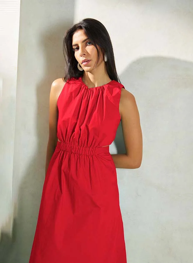 فيرجيو VIRGIO 100% Cotton Elastic Waist Cutout Midi Dress