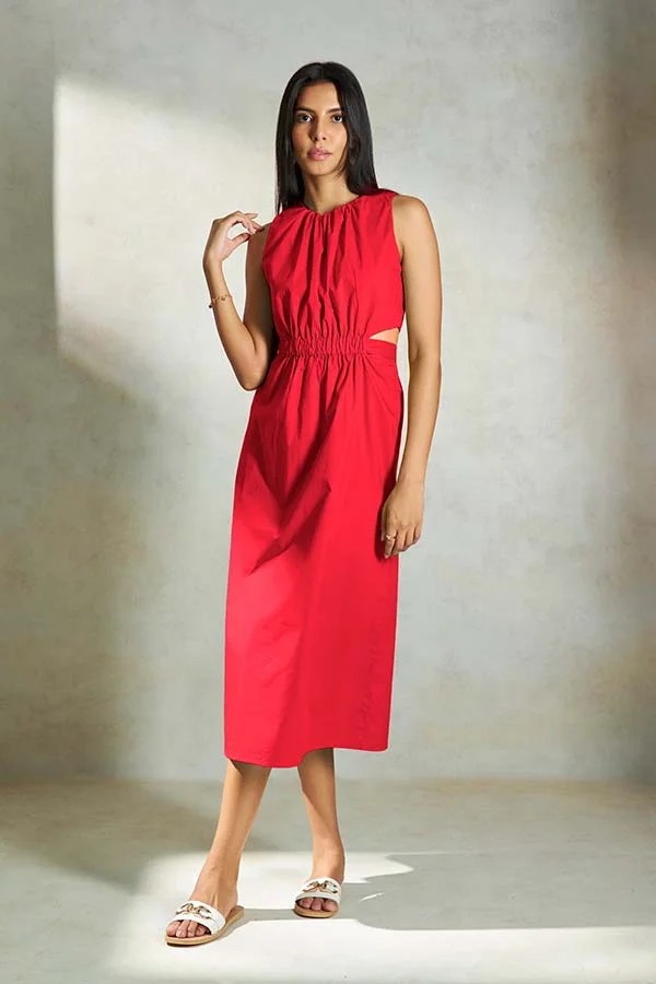 فيرجيو VIRGIO 100% Cotton Elastic Waist Cutout Midi Dress