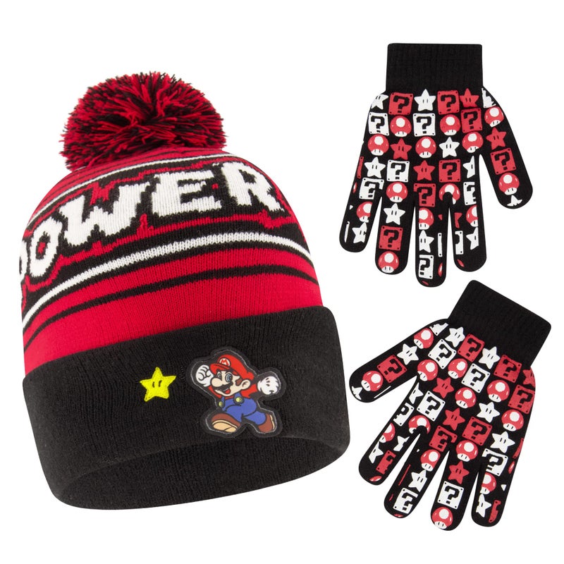 Nintendo Boys Winter Hat And Kids Gloves Set, Super Mario Beanie For Ages 4-7, RED/BLACK - Image 1