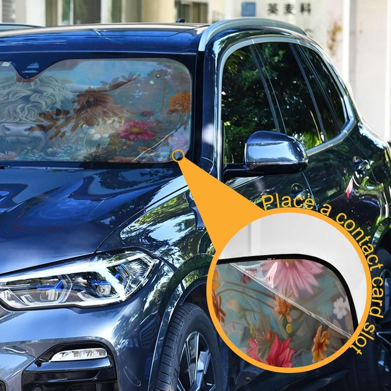 Oarencol Car Windshield Sun Shade Highland Cows Florals Foldable UV Ray Sun Visor Protector Sunshade to Keep Your Vehicle Cool 55" x 27.6" - Image 3