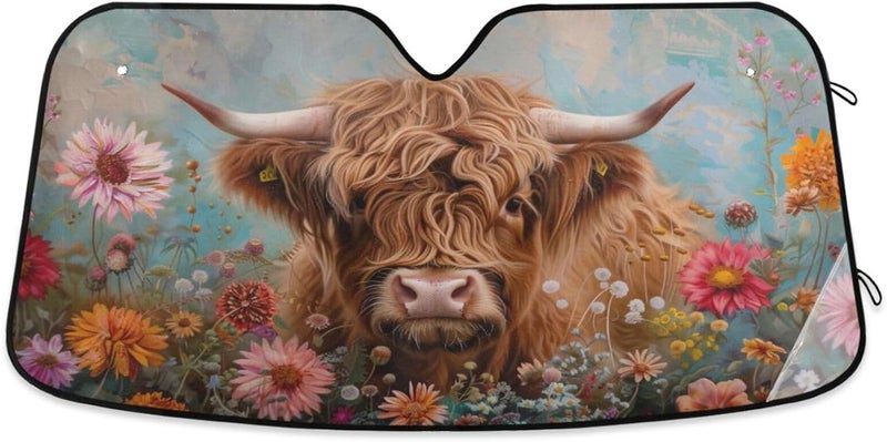 Oarencol Car Windshield Sun Shade Highland Cows Florals Foldable UV Ray Sun Visor Protector Sunshade to Keep Your Vehicle Cool 55" x 27.6" - Image 1