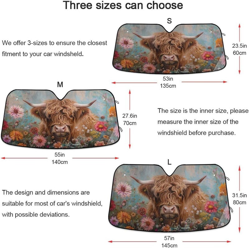 Oarencol Car Windshield Sun Shade Highland Cows Florals Foldable UV Ray Sun Visor Protector Sunshade to Keep Your Vehicle Cool 55" x 27.6" - Image 4