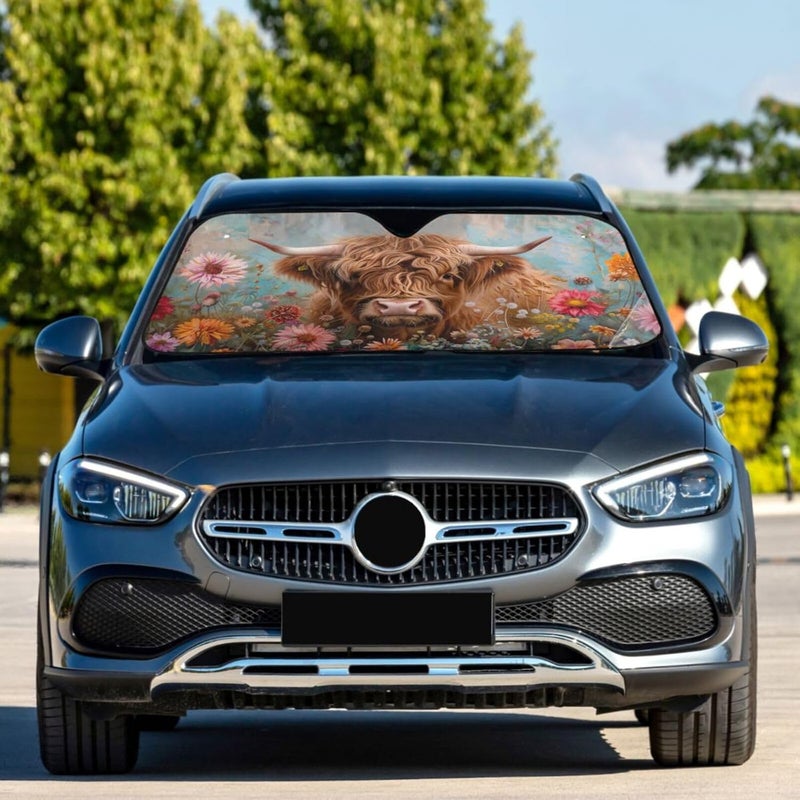 Oarencol Car Windshield Sun Shade Highland Cows Florals Foldable UV Ray Sun Visor Protector Sunshade to Keep Your Vehicle Cool 55" x 27.6" - Image 2