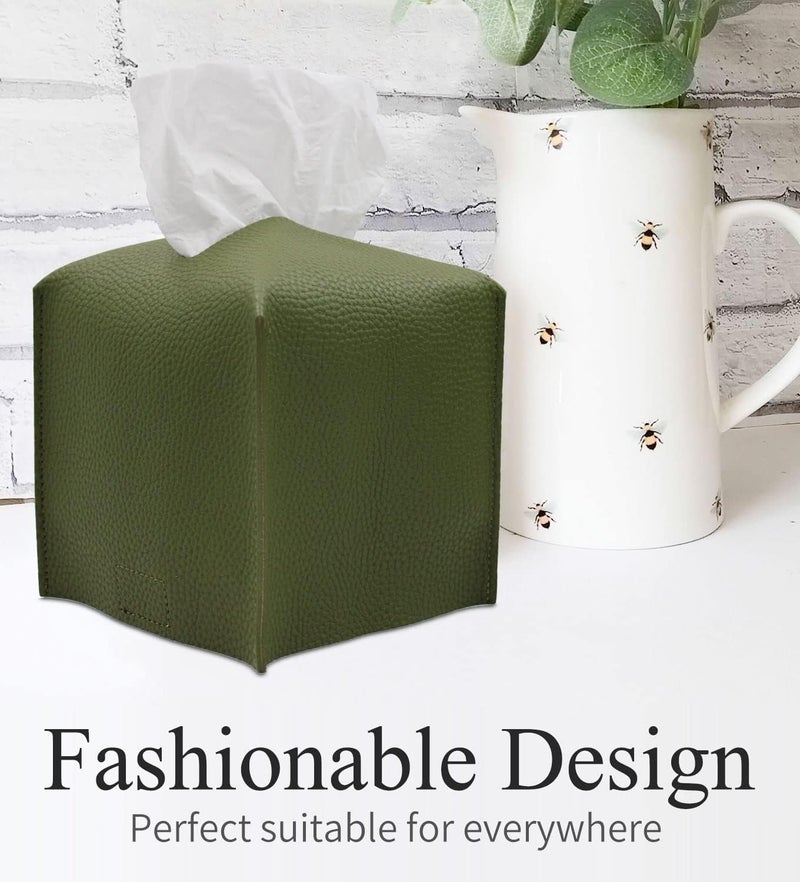 Livelab Tissue Box Cover, Square Decorative PU Leather Tissue Box Holder Modern Tissue Case Facial Paper Organizer Dispenser for Bathroom, Vanity Countertop, Night Stands, Desk 5X5X5'' | Olive Green - Image 2