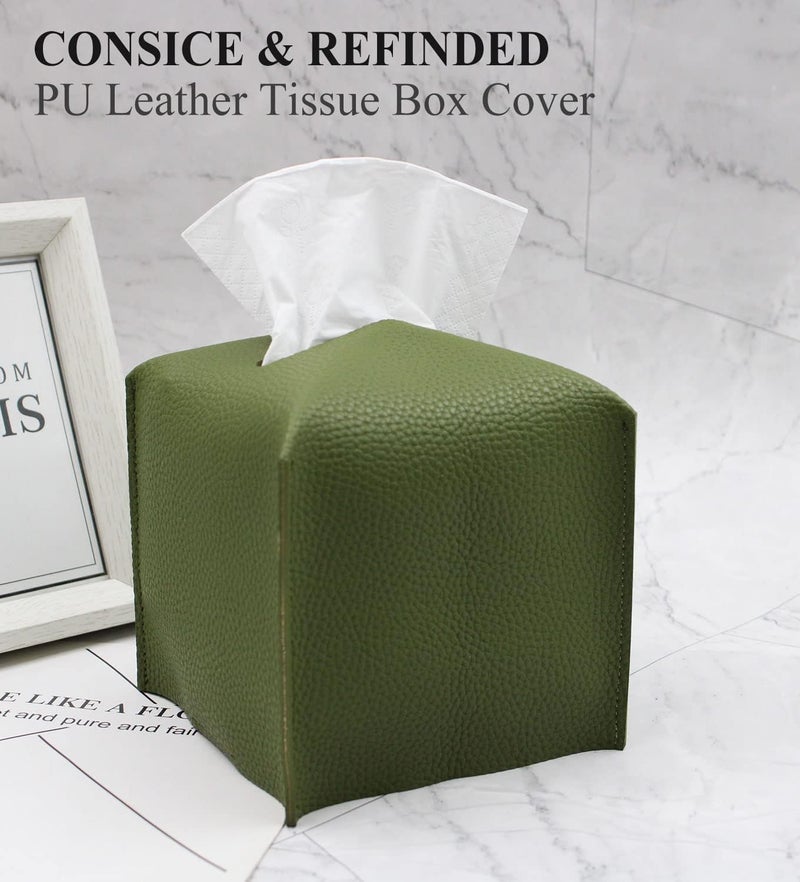Livelab Tissue Box Cover, Square Decorative PU Leather Tissue Box Holder Modern Tissue Case Facial Paper Organizer Dispenser for Bathroom, Vanity Countertop, Night Stands, Desk 5X5X5'' | Olive Green - Image 4