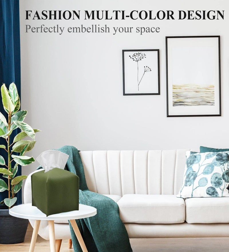 Livelab Tissue Box Cover, Square Decorative PU Leather Tissue Box Holder Modern Tissue Case Facial Paper Organizer Dispenser for Bathroom, Vanity Countertop, Night Stands, Desk 5X5X5'' | Olive Green - Image 3