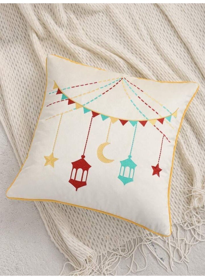 AL-HRAER Elegant Ramadan Embroidered Cushion Cover with Crescent Moon and Lantern Designs, Made from Premium Fabric – 45×45 cm - Image 2