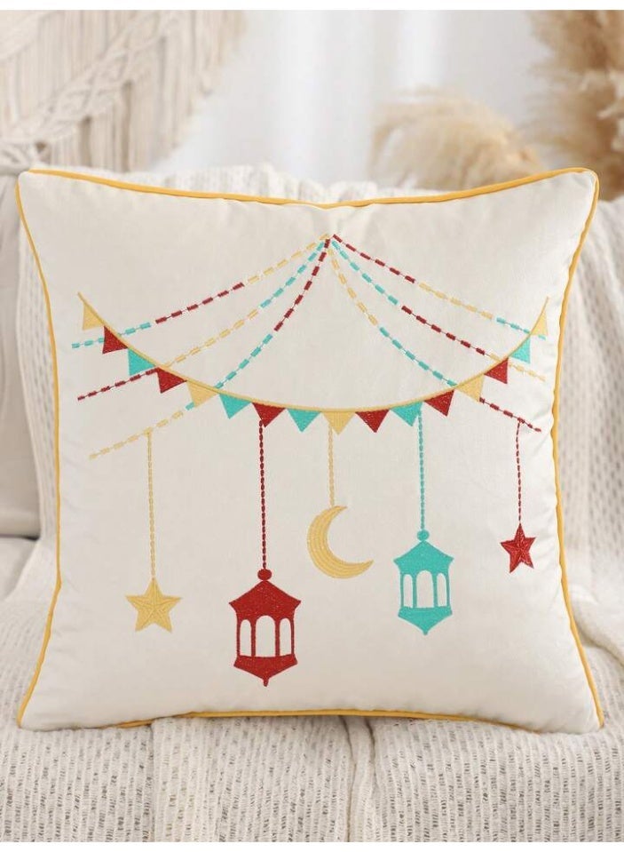 AL-HRAER Elegant Ramadan Embroidered Cushion Cover with Crescent Moon and Lantern Designs, Made from Premium Fabric – 45×45 cm - Image 1