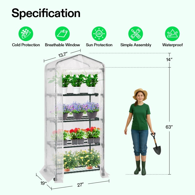 VIVOSUN Mini 4-Tier Greenhouse with Wheels, 27 x 19 x 63-Inch Reusable Portable Warm House with White PE Cover and Shelf for Compact Garden and Small Backyards, with Wheels - Image 2