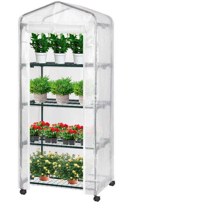 VIVOSUN Mini 4-Tier Greenhouse with Wheels, 27 x 19 x 63-Inch Reusable Portable Warm House with White PE Cover and Shelf for Compact Garden and Small Backyards, with Wheels - Image 1