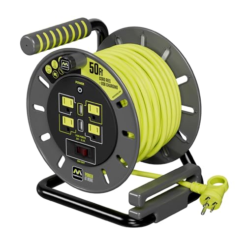 Masterplug 50ft Cord Reel, Retractable Extension Lead with Winding Handle, Safety Overload Circuit Breaker and Power Switch, 4X Grounded Outlets, 2X USB Ports, 13amps, 14AWG Cable - Image 1