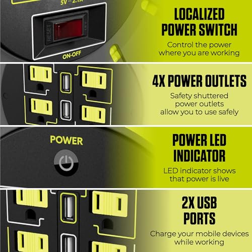 Masterplug 50ft Cord Reel, Retractable Extension Lead with Winding Handle, Safety Overload Circuit Breaker and Power Switch, 4X Grounded Outlets, 2X USB Ports, 13amps, 14AWG Cable - Image 2