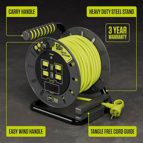 Masterplug 50ft Cord Reel, Retractable Extension Lead with Winding Handle, Safety Overload Circuit Breaker and Power Switch, 4X Grounded Outlets, 2X USB Ports, 13amps, 14AWG Cable - Image 3