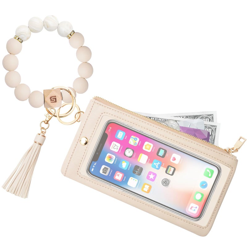 COOLANS Wristlet Bracelet Keychain Pocket Credit Card Holder Purse Tassel Keychain Bangle Key Ring for Women (Silicone Bead Bracelet+Cell Phone Purse(White)) - Image 1