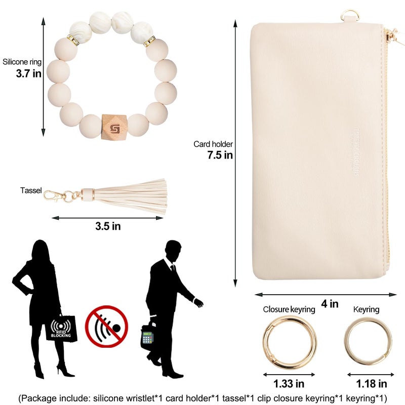 COOLANS Wristlet Bracelet Keychain Pocket Credit Card Holder Purse Tassel Keychain Bangle Key Ring for Women (Silicone Bead Bracelet+Cell Phone Purse(White)) - Image 3
