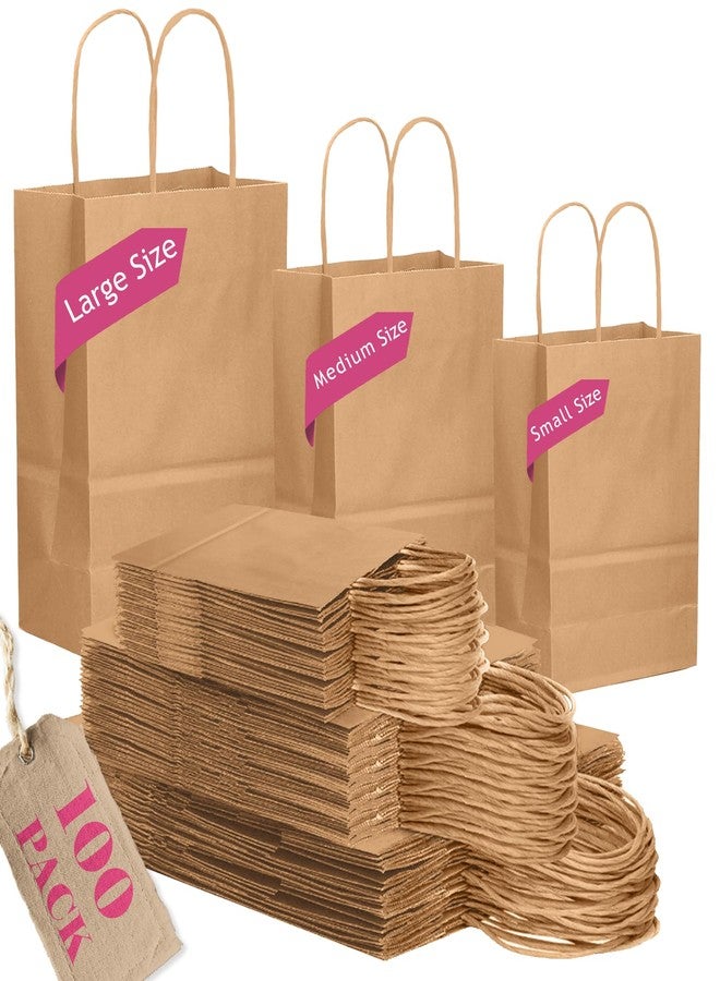 qiqee 100-Packs Brown Paper Gift Bags with Handles Bulk Assorted Sizes(33pcs Large 13", 33pcs Medium 11", 34pcs Small 8" - Image 1