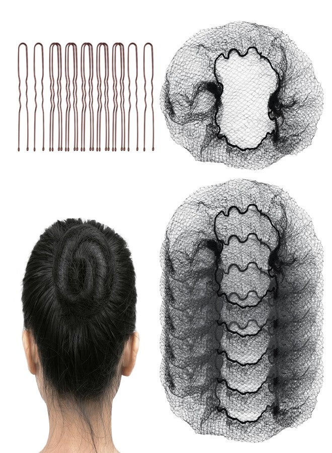 FVOLREM Hair Net Set: 20 Pieces 20-Inch Black Nets, 40 Pieces 2.4-Inch Brown U Pins - For Food Service, Bun Making, Ballet, and Versatile Hairstyling - Image 1