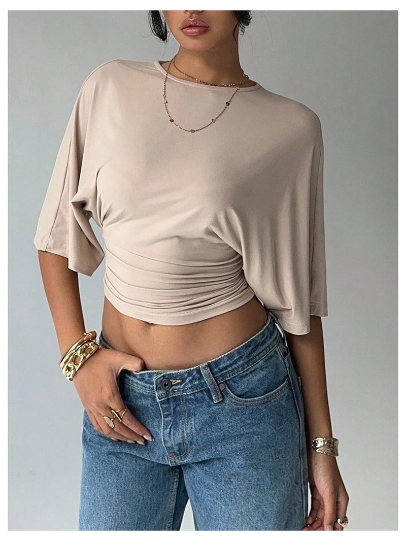 Verdusa Women's Half Sleeve Cinched Waist Tops Ruched Crew Neck T Shirts Going Out Crop Tops Apricot Small - Image 4