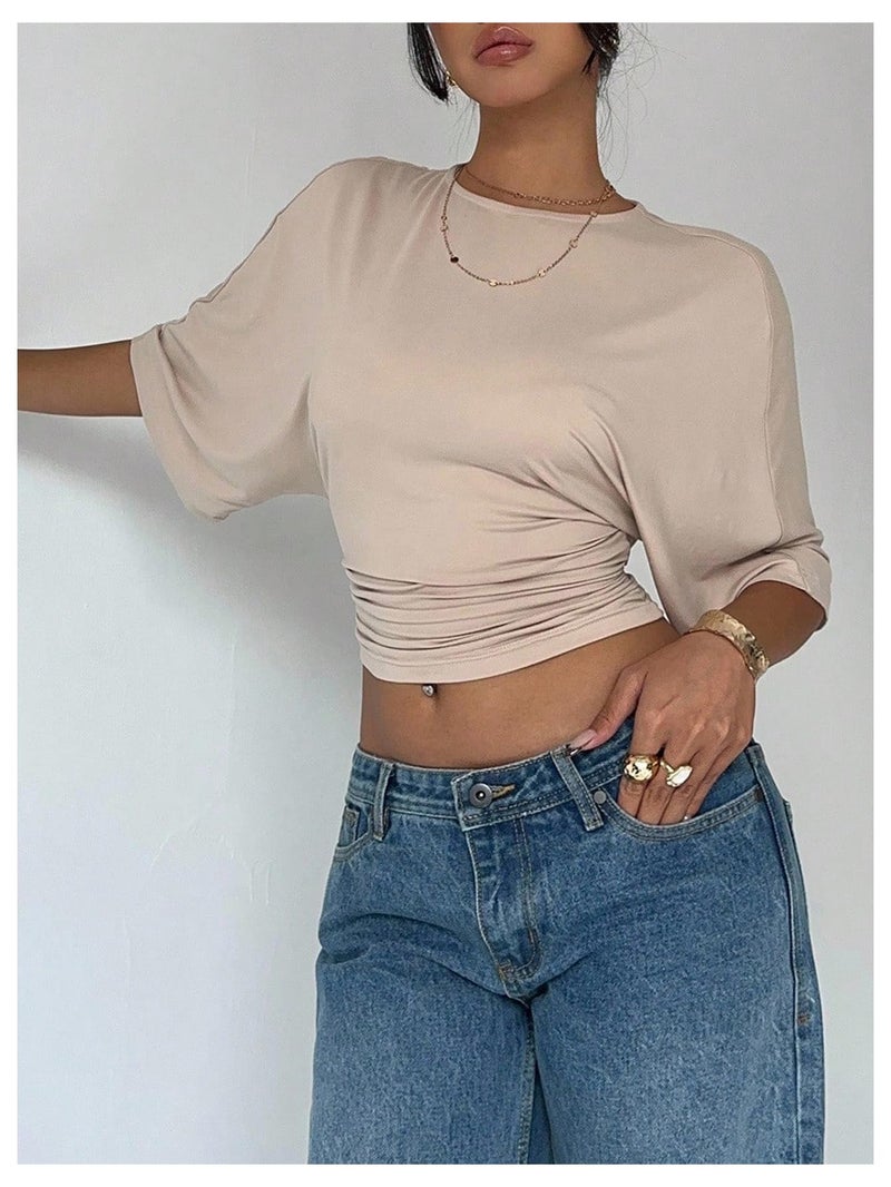 Verdusa Women's Half Sleeve Cinched Waist Tops Ruched Crew Neck T Shirts Going Out Crop Tops Apricot Small - Image 5