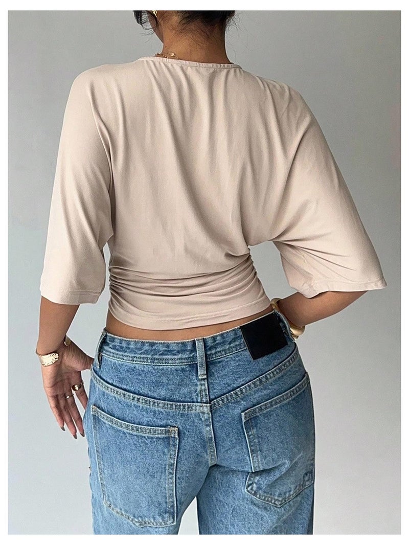 Verdusa Women's Half Sleeve Cinched Waist Tops Ruched Crew Neck T Shirts Going Out Crop Tops Apricot Small - Image 2