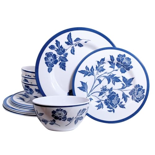 Zayton Melamine Dinnerware Set 12-Piece for 4 Dish Set Plates Bowls Unbreakable Dishware for Indoor Outdoor Use Lightweight Durable for Camping Picnics Parties Dark blue - Image 1