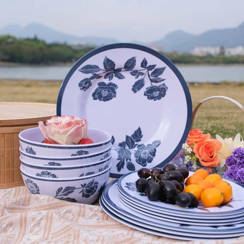 Zayton Melamine Dinnerware Set 12-Piece for 4 Dish Set Plates Bowls Unbreakable Dishware for Indoor Outdoor Use Lightweight Durable for Camping Picnics Parties Dark blue - Image 3