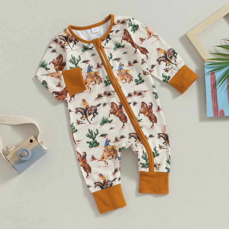 SAYOO Western Baby Cowboy Clothes Neutral Zipped Fall Romper Outfit for Boy Girl Infant Lapel Cow Print One-Piece Jumpsuit (B Brown, 0-3 Months) - Image 2
