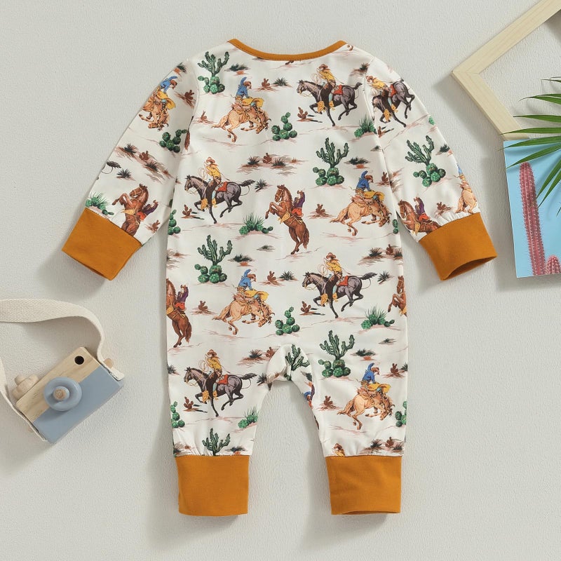SAYOO Western Baby Cowboy Clothes Neutral Zipped Fall Romper Outfit for Boy Girl Infant Lapel Cow Print One-Piece Jumpsuit (B Brown, 0-3 Months) - Image 3