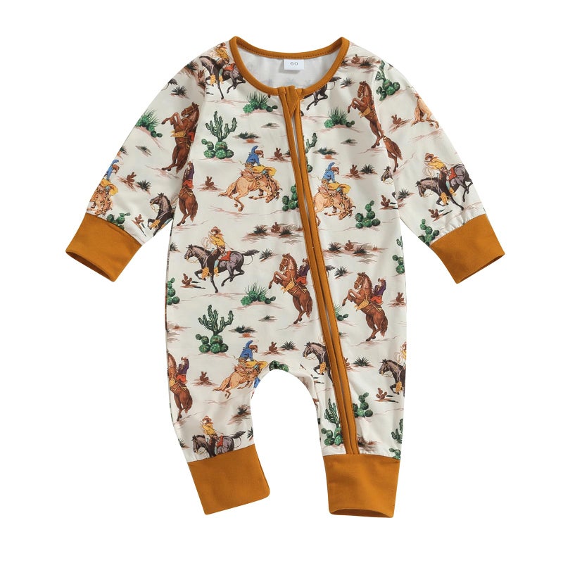 SAYOO Western Baby Cowboy Clothes Neutral Zipped Fall Romper Outfit for Boy Girl Infant Lapel Cow Print One-Piece Jumpsuit (B Brown, 0-3 Months) - Image 1