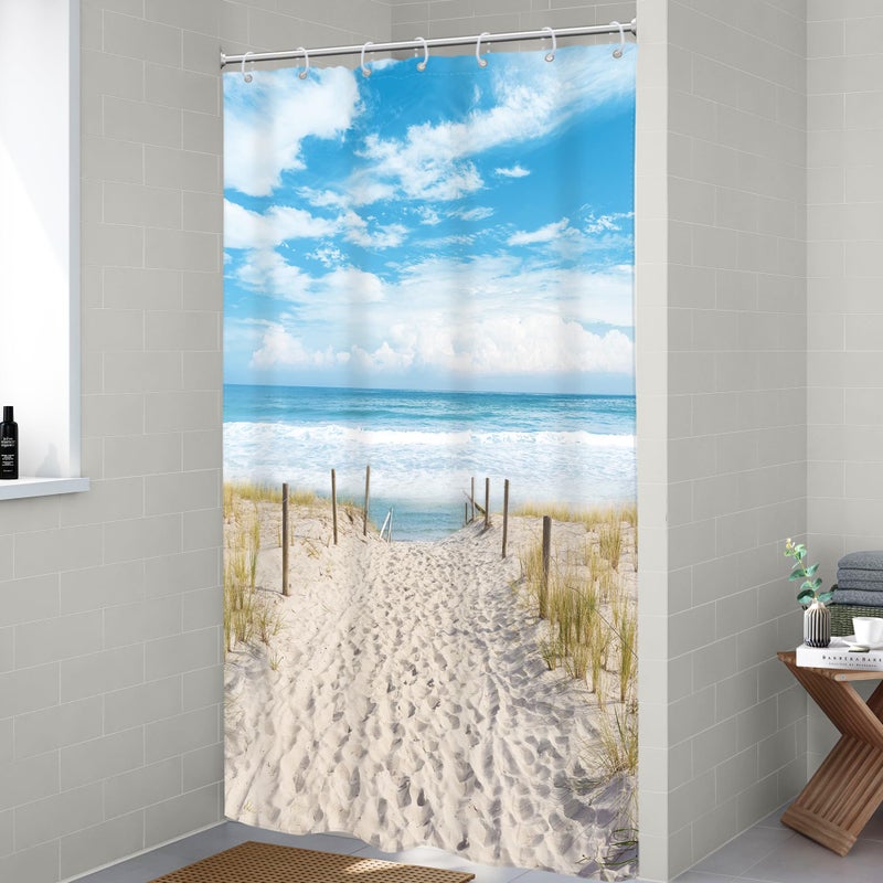 Riyidecor Small Stall RV Beach Coastal Ocean Shower Curtain Single Half Narrow Seaside Seashore Scenery Summer Scenic 36Wx72H Inch Sand Blue Sky Fabric Decor Bathroom Polyester Waterproof 7 Pack Hooks - Image 3