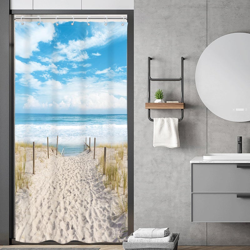 Riyidecor Small Stall RV Beach Coastal Ocean Shower Curtain Single Half Narrow Seaside Seashore Scenery Summer Scenic 36Wx72H Inch Sand Blue Sky Fabric Decor Bathroom Polyester Waterproof 7 Pack Hooks - Image 1