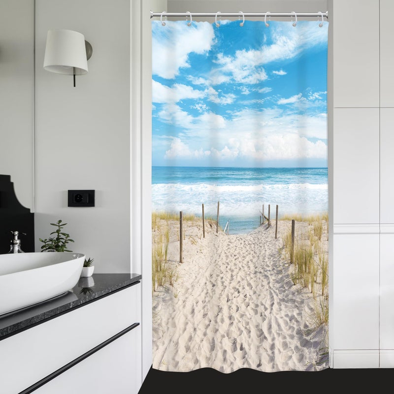 Riyidecor Small Stall RV Beach Coastal Ocean Shower Curtain Single Half Narrow Seaside Seashore Scenery Summer Scenic 36Wx72H Inch Sand Blue Sky Fabric Decor Bathroom Polyester Waterproof 7 Pack Hooks - Image 2