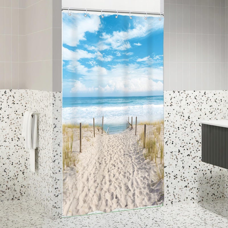 Riyidecor Small Stall RV Beach Coastal Ocean Shower Curtain Single Half Narrow Seaside Seashore Scenery Summer Scenic 36Wx72H Inch Sand Blue Sky Fabric Decor Bathroom Polyester Waterproof 7 Pack Hooks - Image 4