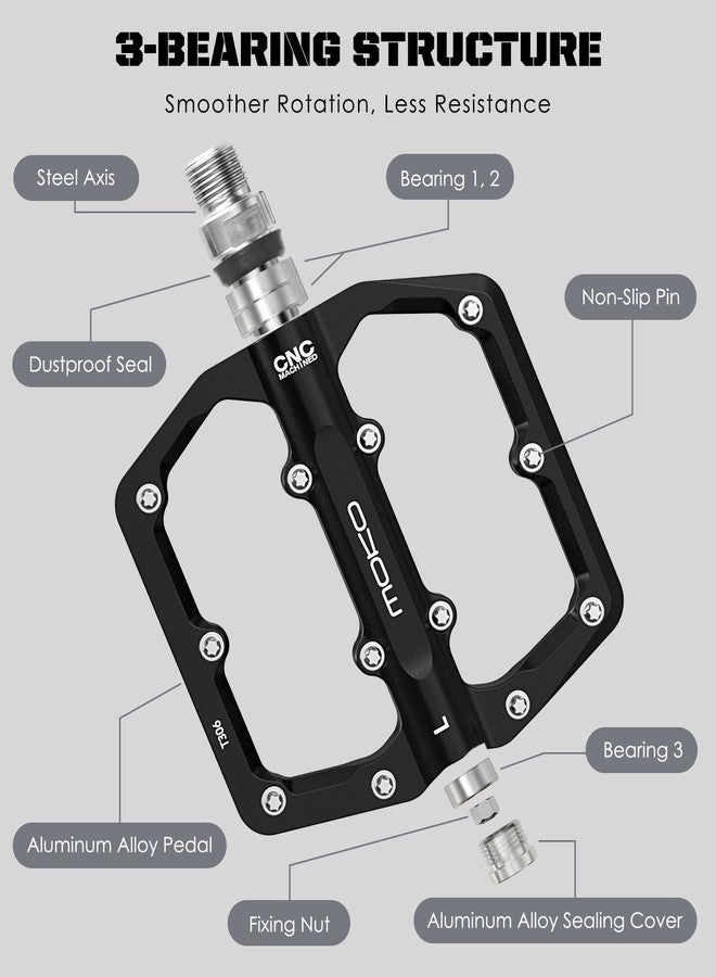 MoKo Mountain Bike & MTB Flat Pedals, Lightweight CNC Machined Aluminum Bicycle Pedals with 24 Replaceable Steel Pins & 3 Sealed Bearings, 9/16" Fits Road/City/BMX/E-Bike - Image 5