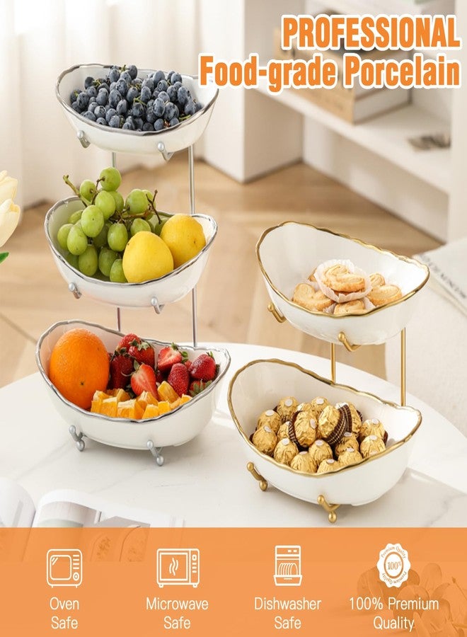 HOMKULA 2 Tier Ceramic Fruit Bowl for Kitchen Counter, Tiered Fruit Basket for Countertop, Modern Multi Layer Fruit Display Stand for Party, Cute & Smal (Gold-rimmed) - Image 2