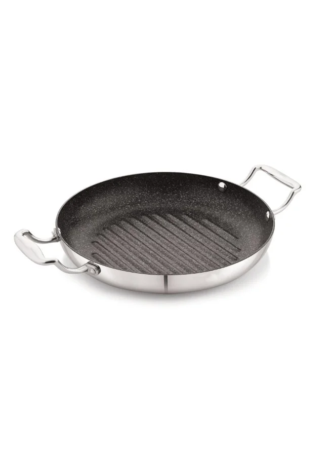 Danube Home Chef's Delight 26CM Tri-Ply Stainless Steel Round Grill Pan with Quantanium Non-Stick Coating - Ideal for Kitchen Cooking, Durable & Easy to Clean, Silver Finish