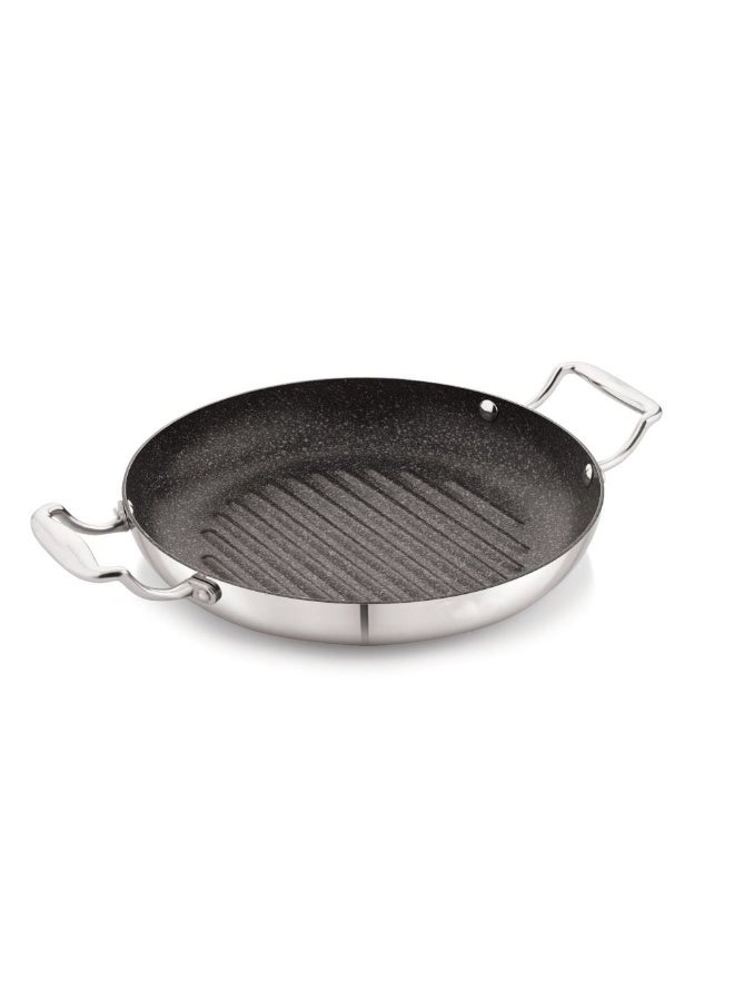 DANUBE HOME Chef's Delight 26CM Tri-Ply Stainless Steel Round Grill Pan with Quantanium Non-Stick Coating - Ideal for Kitchen Cooking, Durable & Easy to Clean, Silver Finish