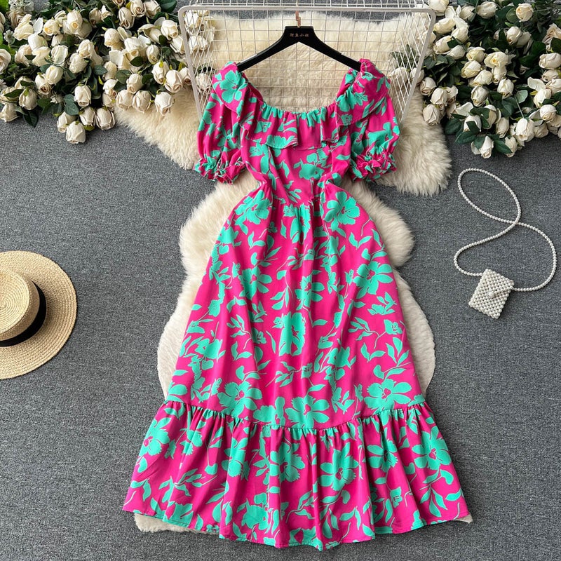 Summer ink painting printing ladies slim-fit mid-length dress womens summer rose waist-tight skirt fashion Rose Red 