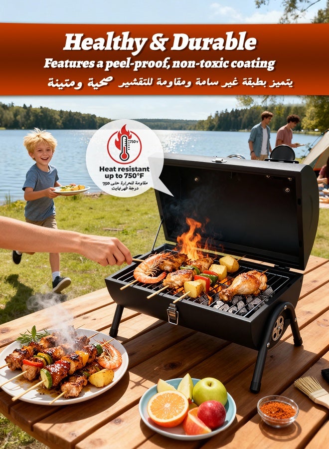 نفس شواية فحم محمولة 2 في 1 من Nafas، موقد خارجي صغير، شواية Babecue، مقياس حرارة، شبكة خبز من الفولاذ المقاوم للصدأ، مدخن شواء صغير قابل للطي للطهي في الهواء الطلق والتخييم والنزهات والفناء الخلفي - Image 4