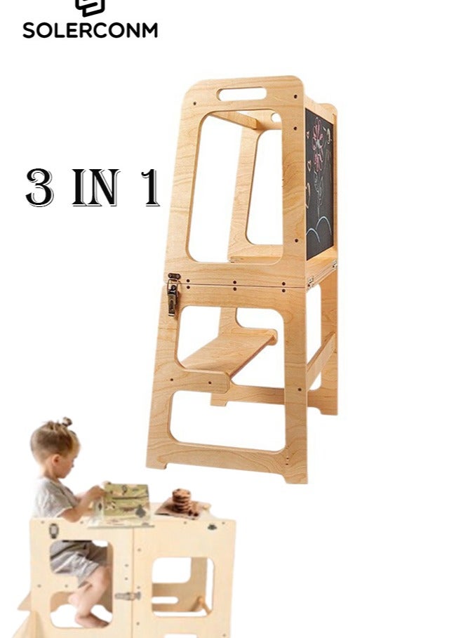 سولاكان SOLERCONM,برج الوقوف للأطفال 4 في 1 – كرسي مساعد خشبي على طراز منتسوري مع سبورة، ومكتب، وكرسي، ودرج للأطفال - Image 1